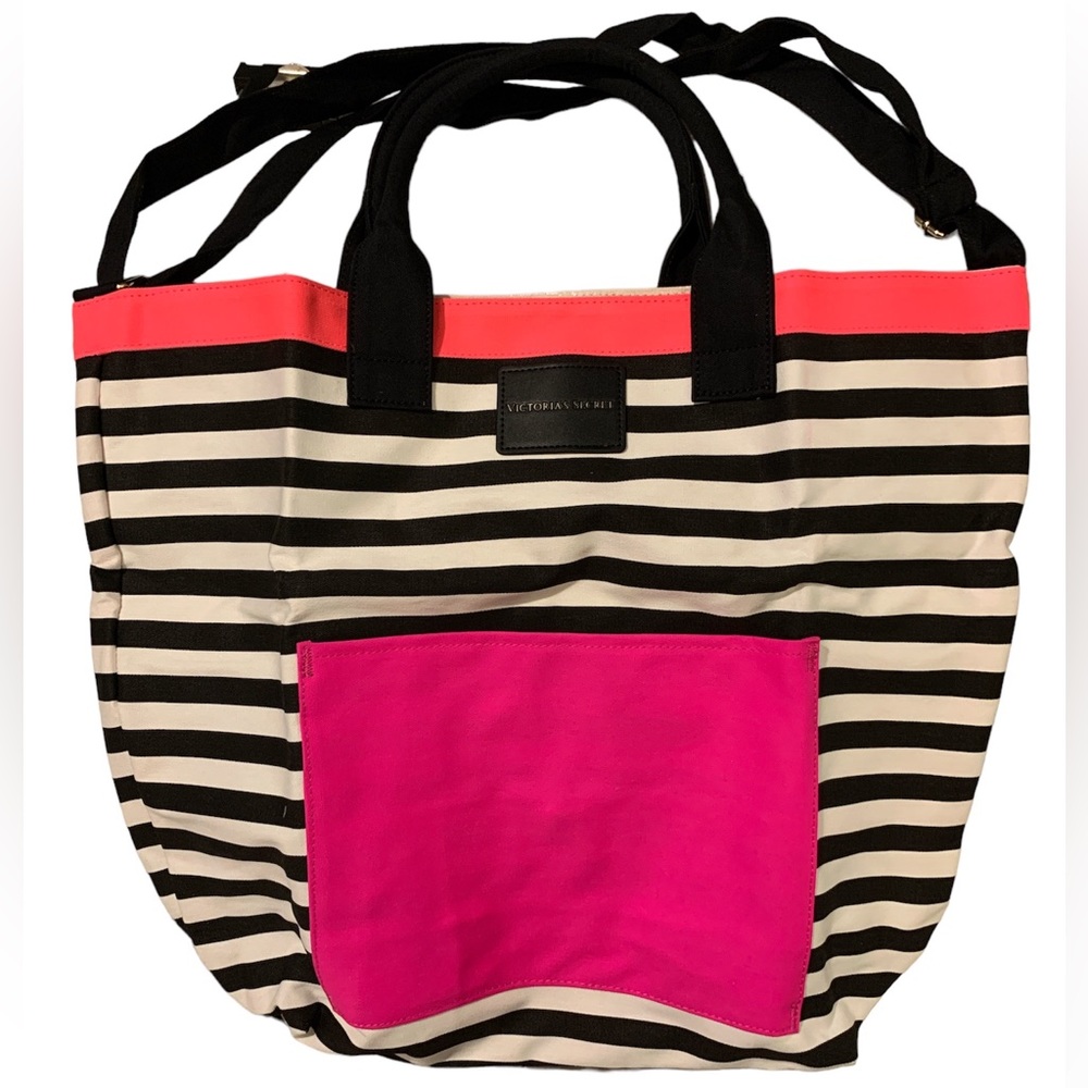 Victoria’s Secret Tote Bag in black and white stripes w/ pink accents - Picture 3 of 8